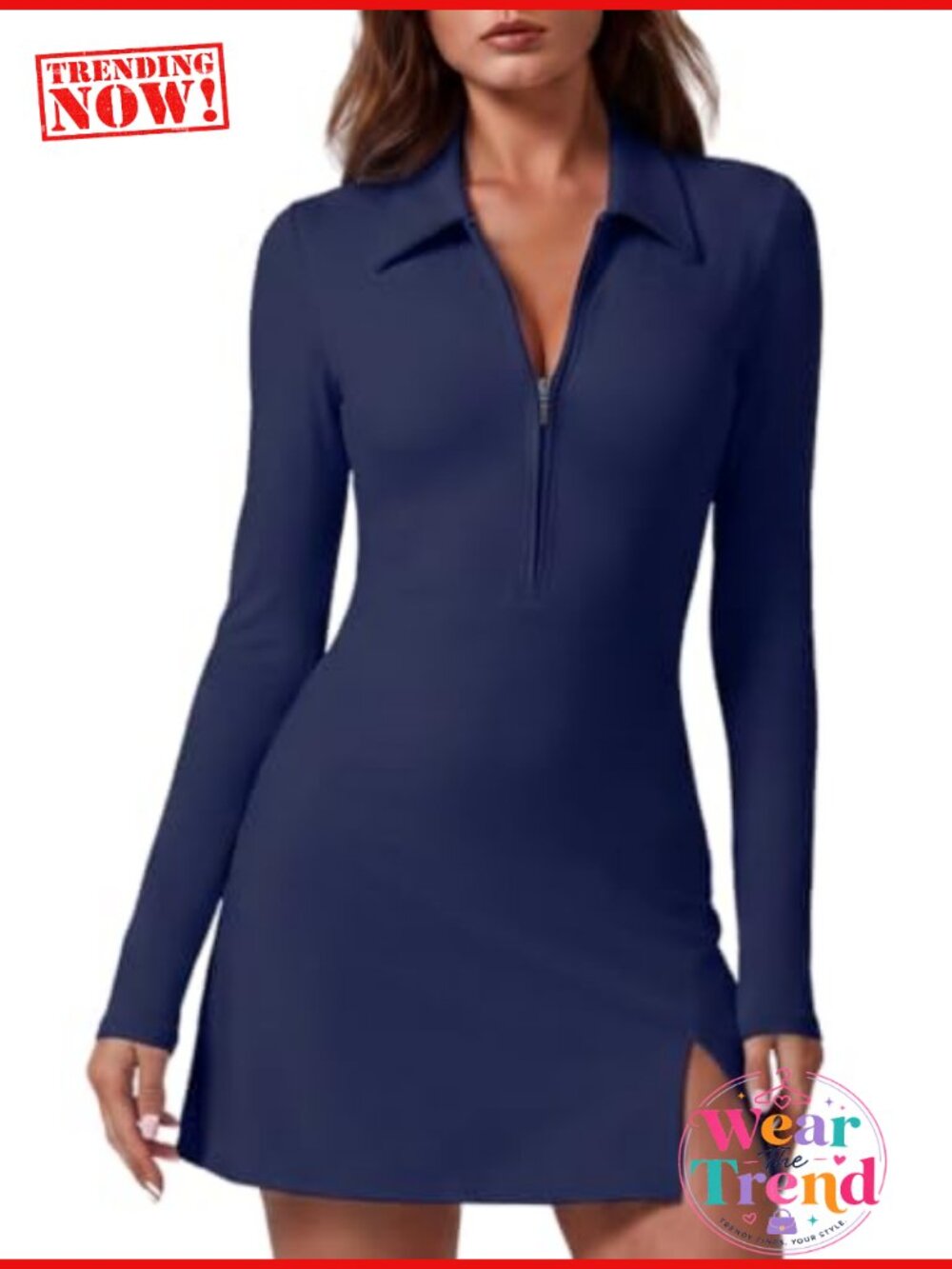 Women's Two-Piece Zip Front Tennis Dress with Shorts Long Sleeve Polo Collar